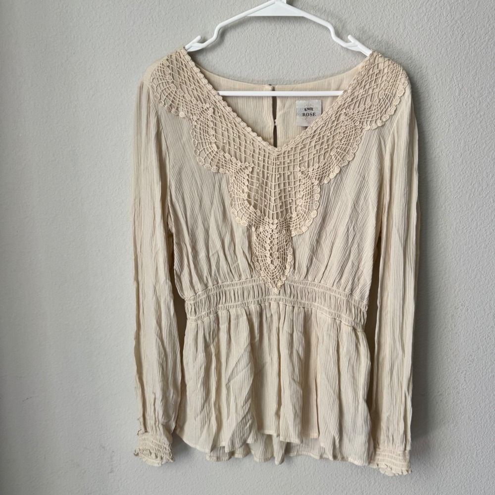 Knox Rose Cream Crochet Lace Peasant Blouse Smocked Waist Boho Top Medium